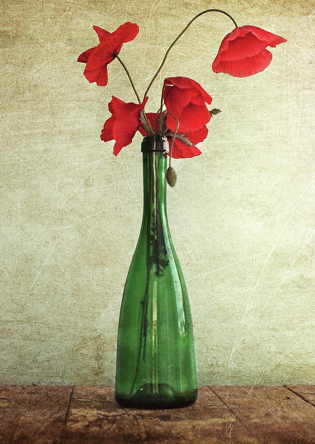 Poppies In A Green Bottle Photograph by By Julie Mcinnes