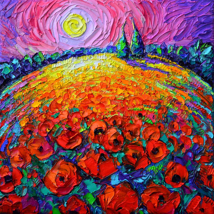 POPPIES ROUNDSCAPE MYSTIC NIGHT textural impressionist impasto knife oil painting Ana Maria Edulescu Painting by Ana Maria Edulescu