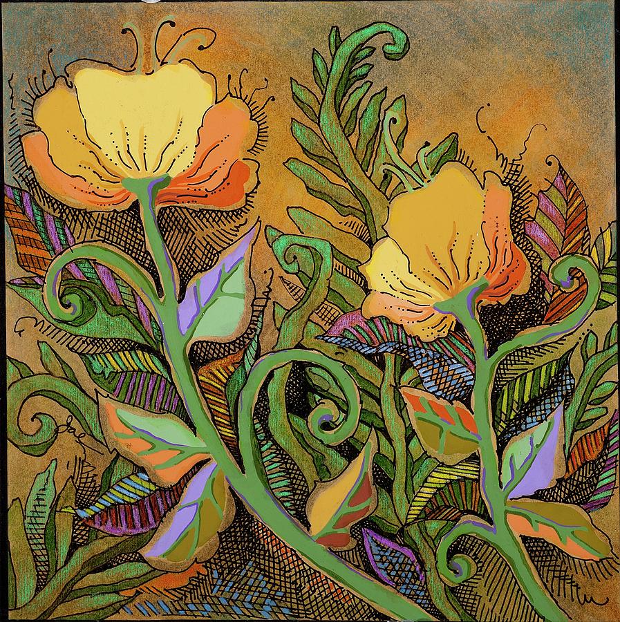 Poppies With Ferns Drawing by Janice A Larson
