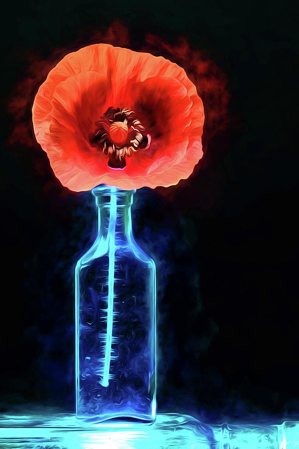 Poppy In A Vintage Blue Bottle Digital Art by JC Findley