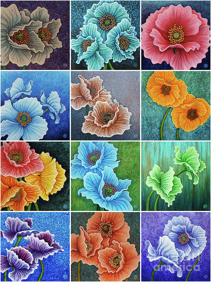 Poppy Painting Tiles x 12 Cool Tones Painting by Amy E Fraser