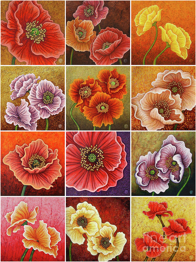 Poppy Painting Tiles x 12 Warm Tones Painting by Amy E Fraser