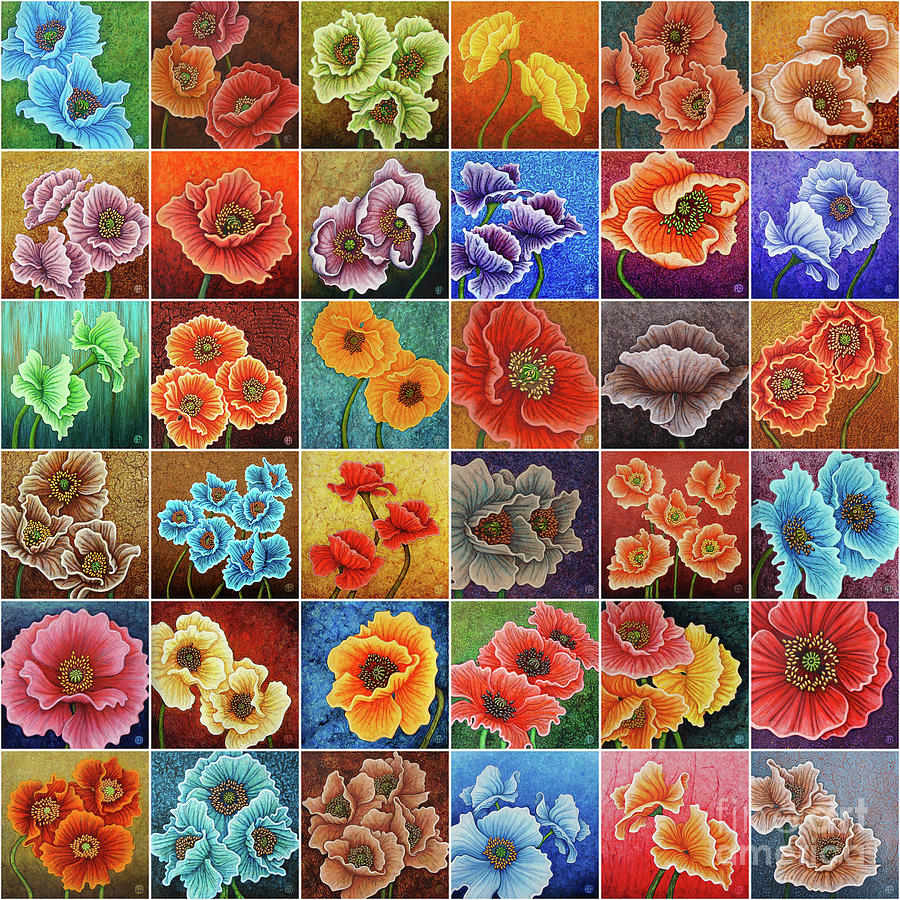 Poppy Painting Tiles x 36 Painting by Amy E Fraser