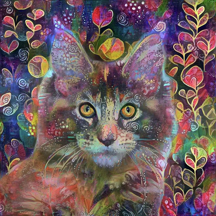 Poppy the Maine Coon Cat in the Garden Digital Art by Peggy Collins