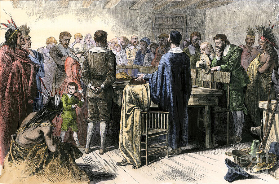 Population Of America Thanksgiving Feast Between Puritans Of New England (new England) In The Presence Of Indians In The United States, 17th Century Colourful Engraving Of The 19th Century Drawing by American School