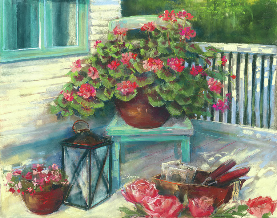 Flower Painting - Porch Geraniums Crop by Carol Rowan