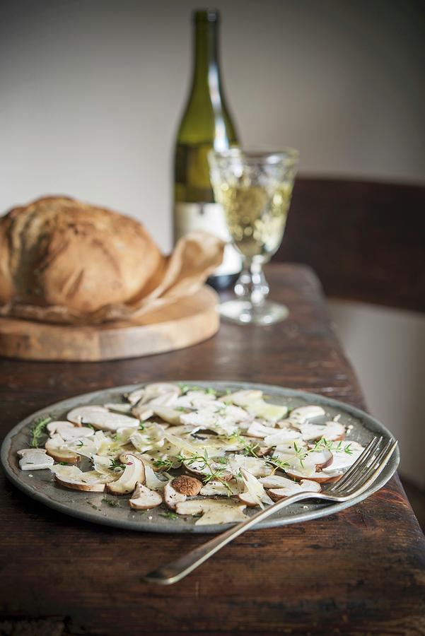 Porcini Carpaccio With Bread And Wine Photograph by Justina Ramanauskiene