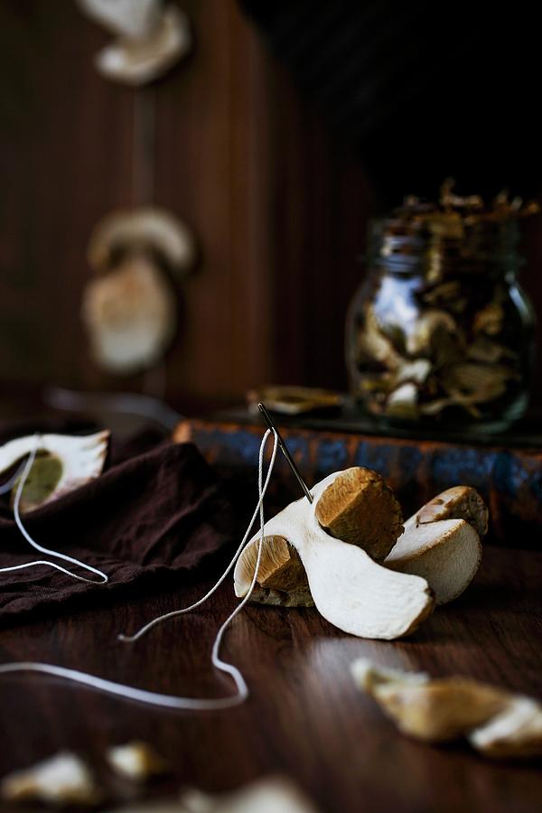 Porcini Mushrooms Hanging Up To Dry Photograph by Sandra Krimshandl-tauscher
