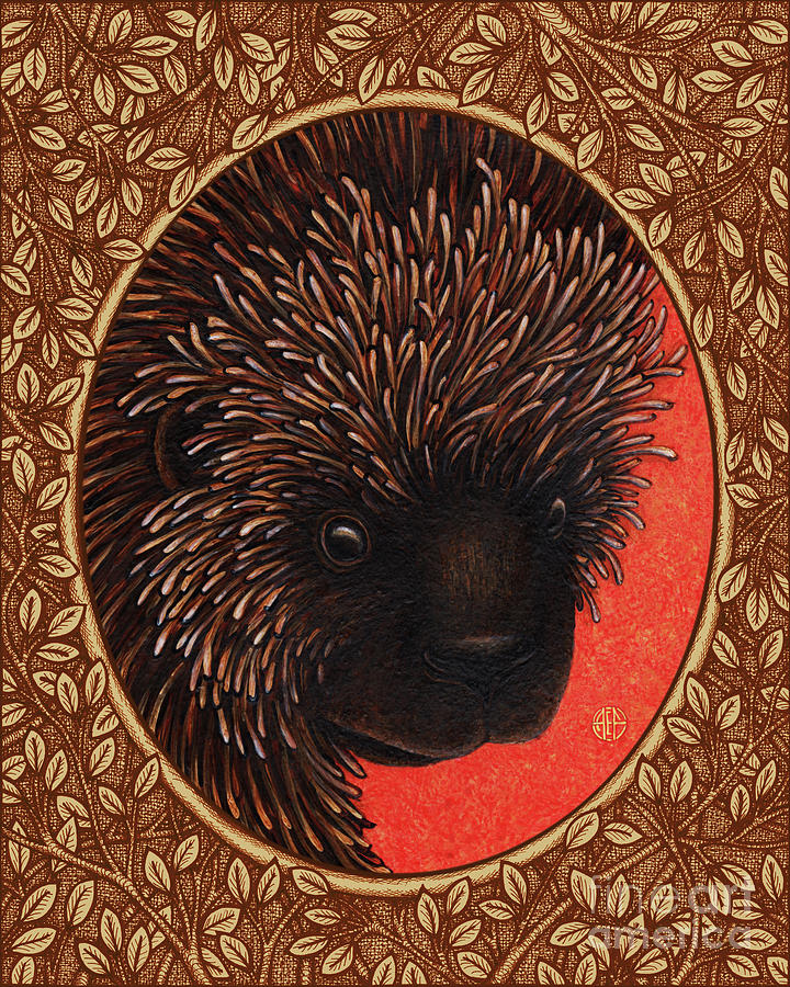 Porcupine Portrait - Brown Border Painting by Amy E Fraser