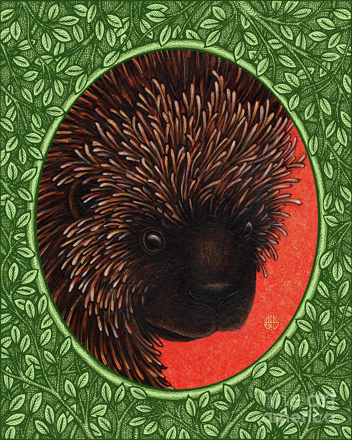 Porcupine Portrait - Green Border Painting by Amy E Fraser