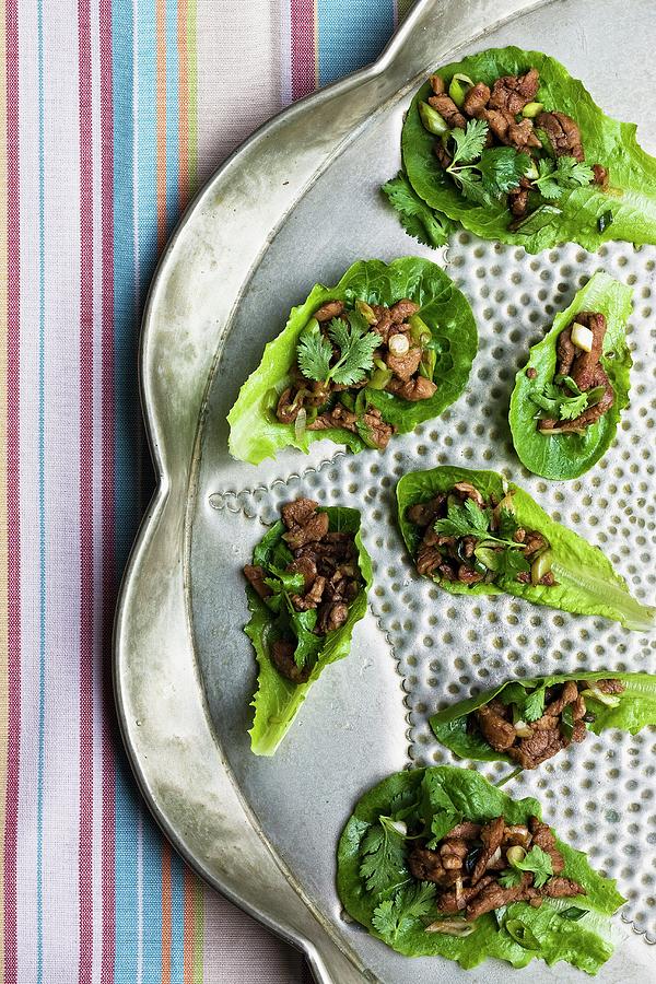 Pork And Coriander On Lettuce Leaves Photograph by Great Stock!