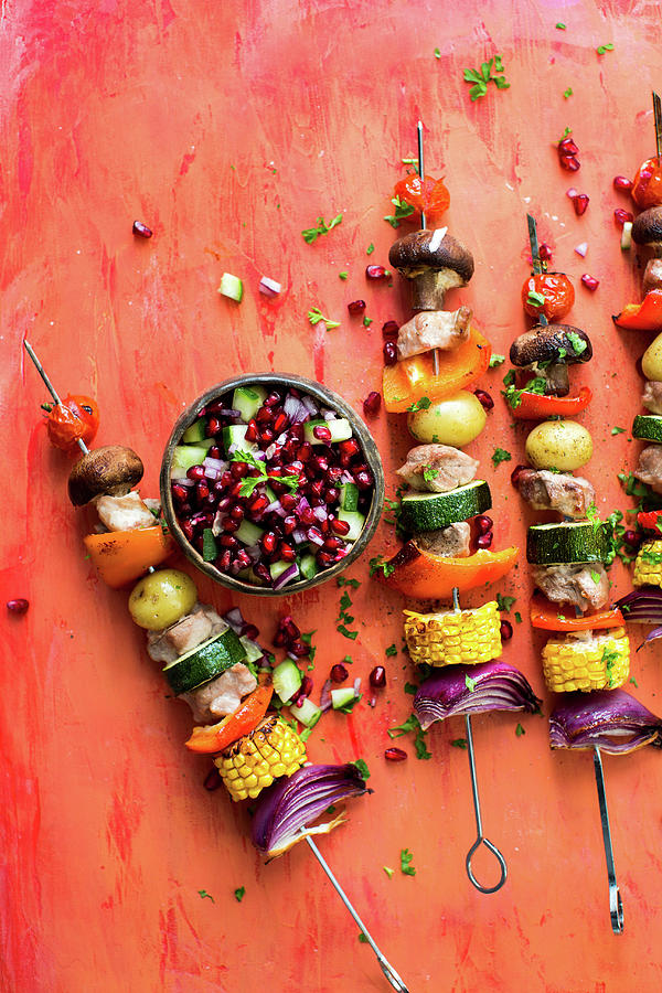 Pork And Vegetable Kebabs With Pomegranate Salsa Photograph by Lara Jane Thorpe