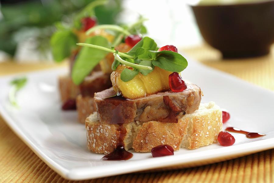 Pork Canape With Pineapple And Raspberry Vinegar Photograph by Gastromedia