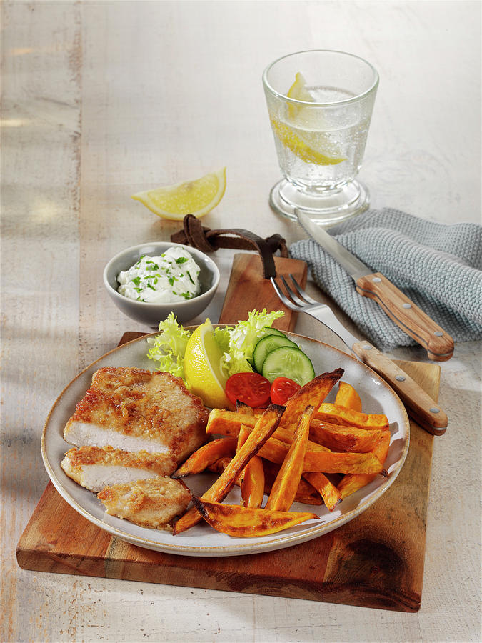 Pork Escalope With Sweet Potato Fries And Herb Quark Photograph by Stockfood Studios / Photoart