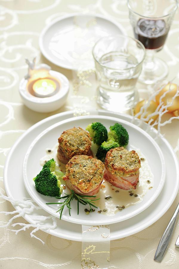 Pork Fillet Wrapped In Bacon With Broccoli christmas Photograph by Antje Plewinski