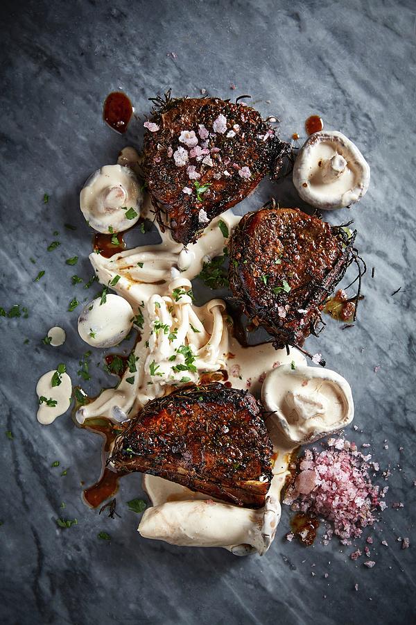 Pork Fillets On The Bone With Creamy Whiskey Mushrooms Photograph by Great Stock!