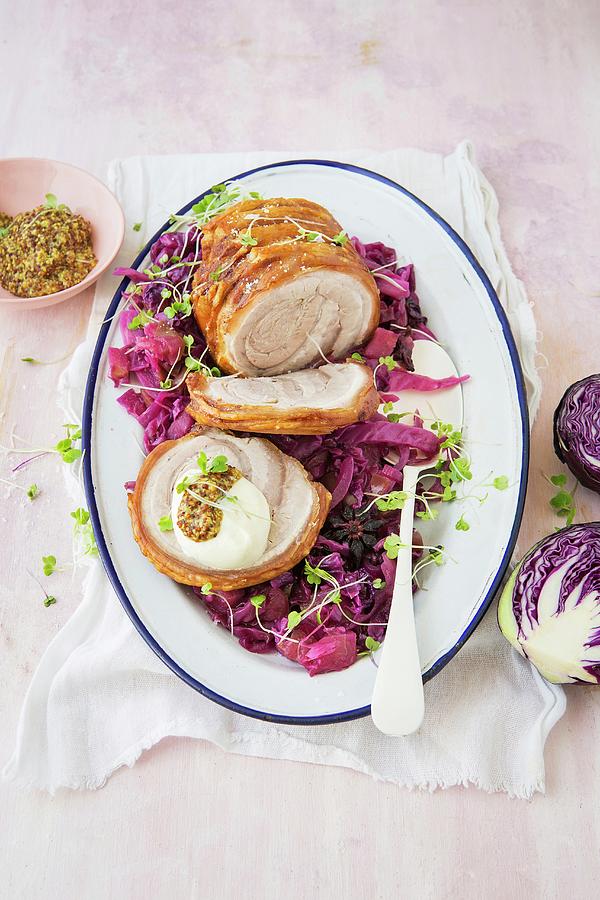 Pork Fillets With Braised Red Cabbage, Crme Fraiche, And Coarse Mustard Photograph by Great Stock!