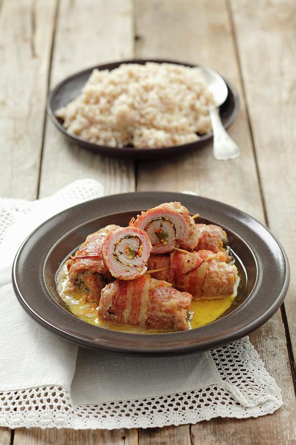 Pork Roulades With Carrot, Cucumber And Mustard, Wrapped In Pancetta Photograph by Castilho, Rua