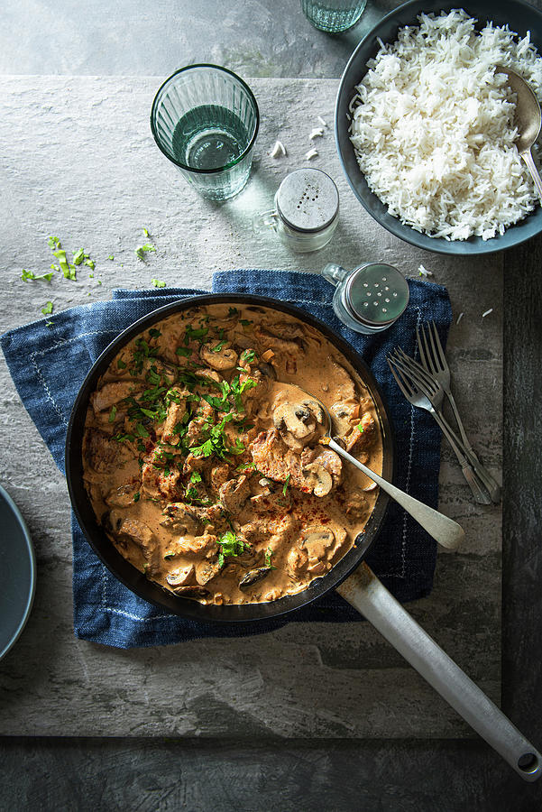 Pork Stroganoff With Mushroom, Paprika And Sour Cream, Rice On A Side, View From Above. Photograph by Magdalena Hendey