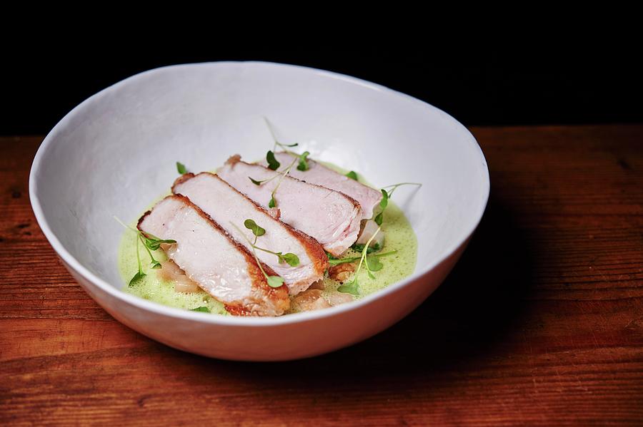 Pork With Apples And Pears On A Green Foam Sauce Photograph by Greg Rannells
