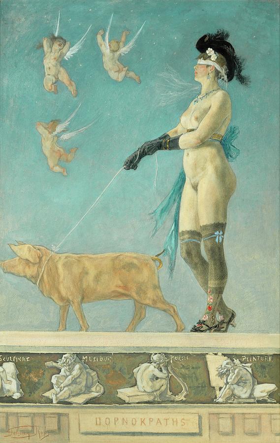 Pornokrates, a picture of woman as eternal temptress and daughter of Eve. Painting by Felicien Rops