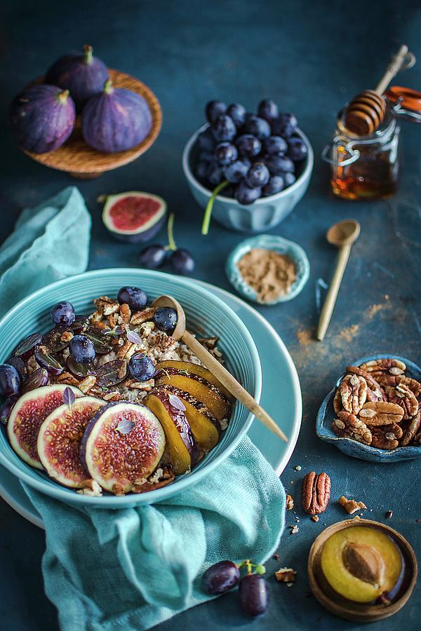 Porridge With Figs, Plums, Grapes, Pecan Nuts, Honey And Cinnamon Photograph by Olimpia Davies
