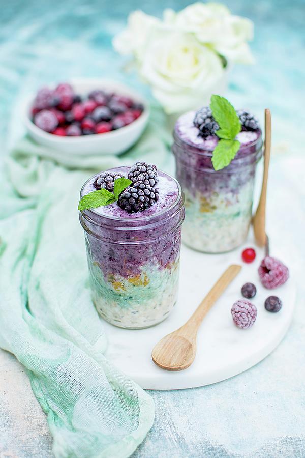 Porridge With Frozen Blackberries, Mint And Spirulina Photograph by Olimpia Davies