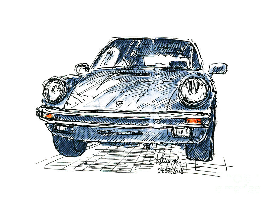 Porsche 911 Classic Car Ink Drawing And Watercolor Drawing by Frank