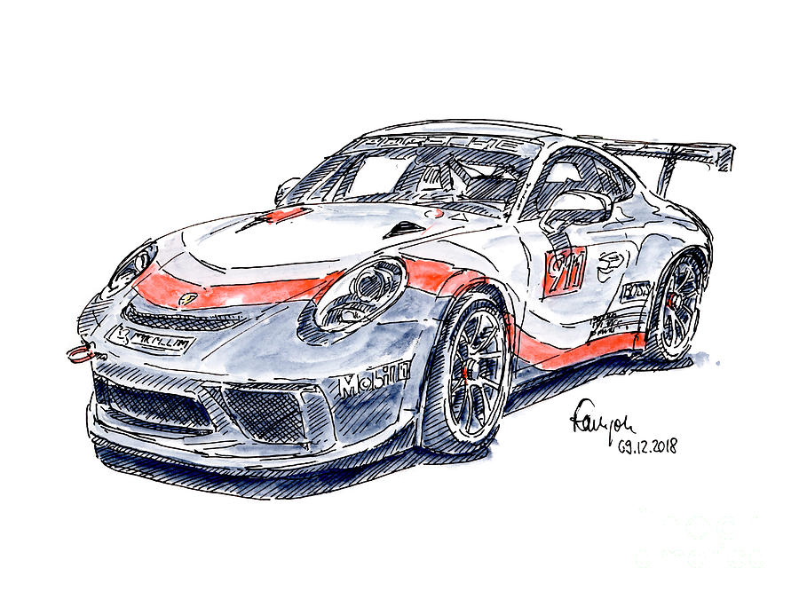Porsche 911 GT3 Cup Racecar Ink Drawing and Watercolor Drawing by Frank