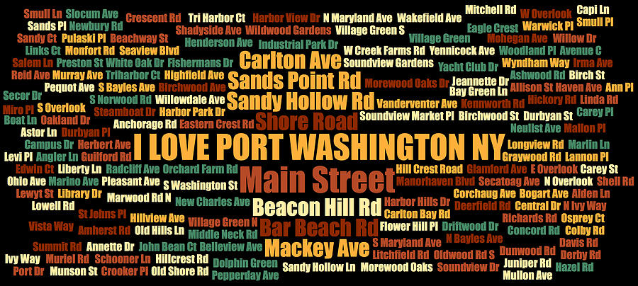 Mug Digital Art - Port Washington NY Street Name Wordcloud Multi 1 by David Smith