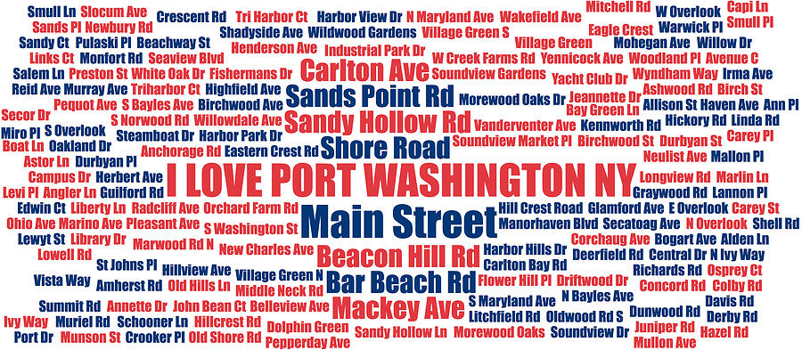 Mug Digital Art - Port Washington NY Street Name Wordcloud red white blue by David Smith