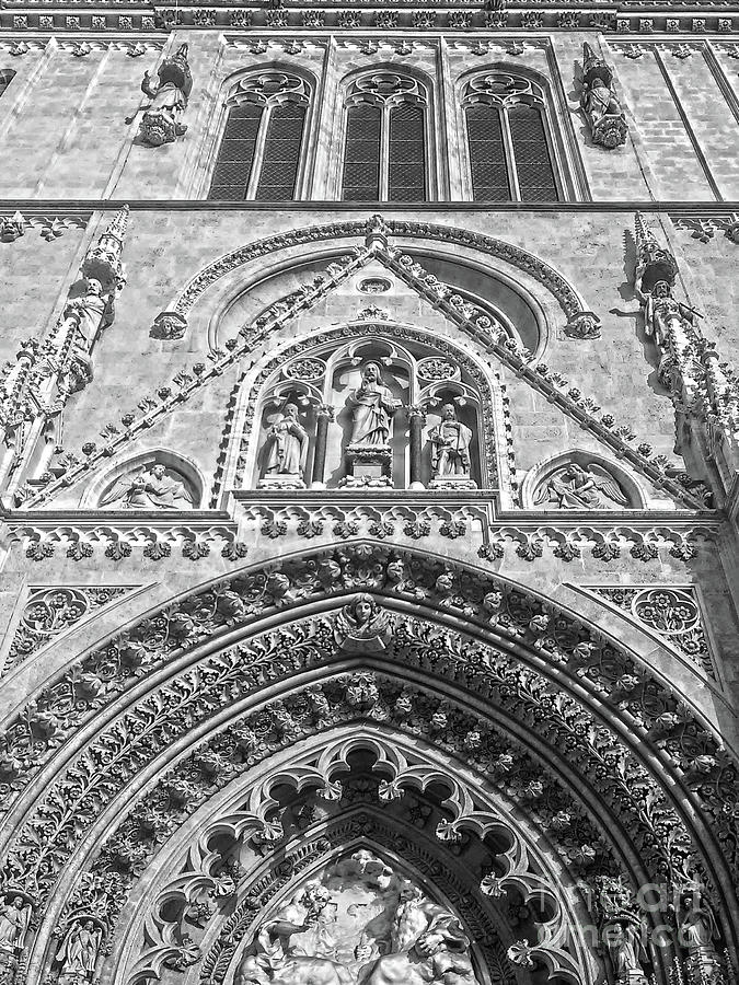 Cathedral Zagreb Croatia Portal Detail Black And White Photograph by Jasna Dragun