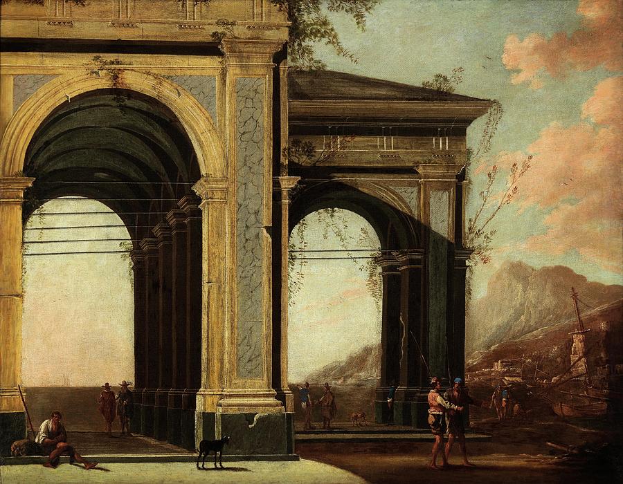 Portico With Loggia By The Sea, With Boats And Figures Painting by ...
