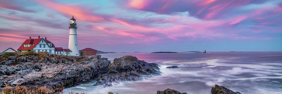 America Photograph - Portland Head Light at Sunset Panorama - Cape Elizabeth Maine by Gregory Ballos