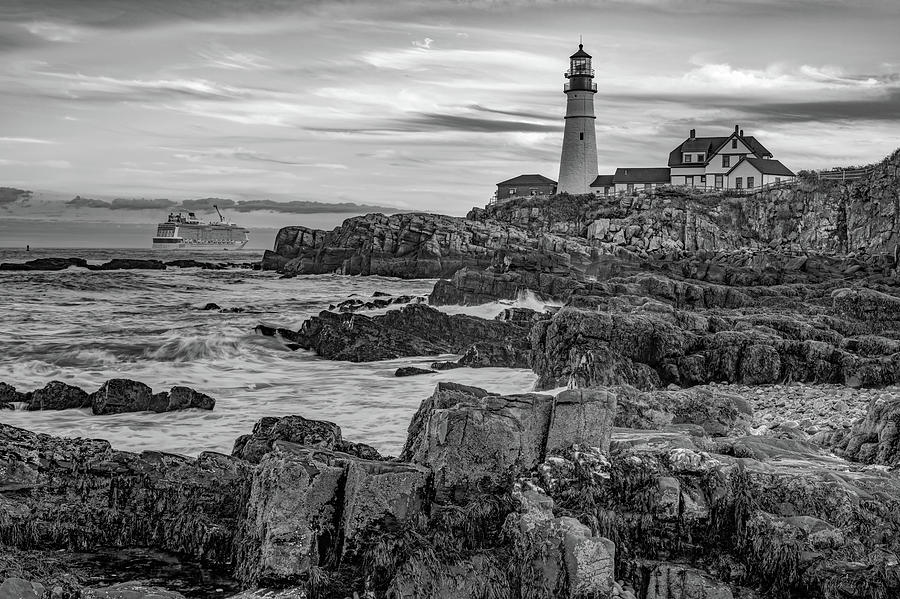 Black And White Photograph - Portland Head Light - Cape Elizabeth Maine in Black and White by Gregory Ballos