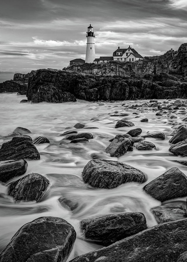 Black And White Photograph - Portland Head Light From the Shoreline - Monochrome Edition by Gregory Ballos