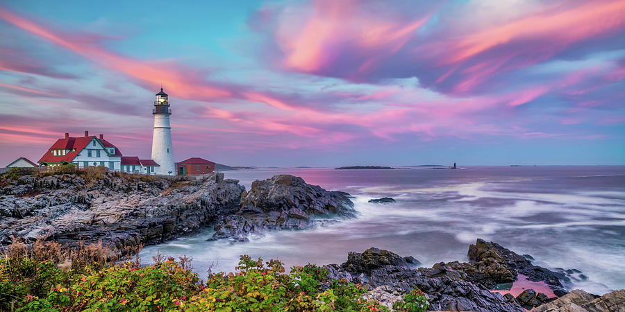 America Photograph - Portland Head Light on Cape Elizabeth - Maine Sunset Panorama by Gregory Ballos