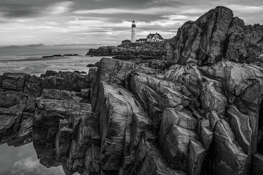 Black And White Photograph - Portland Head Light on the Rocks - Monochrome by Gregory Ballos
