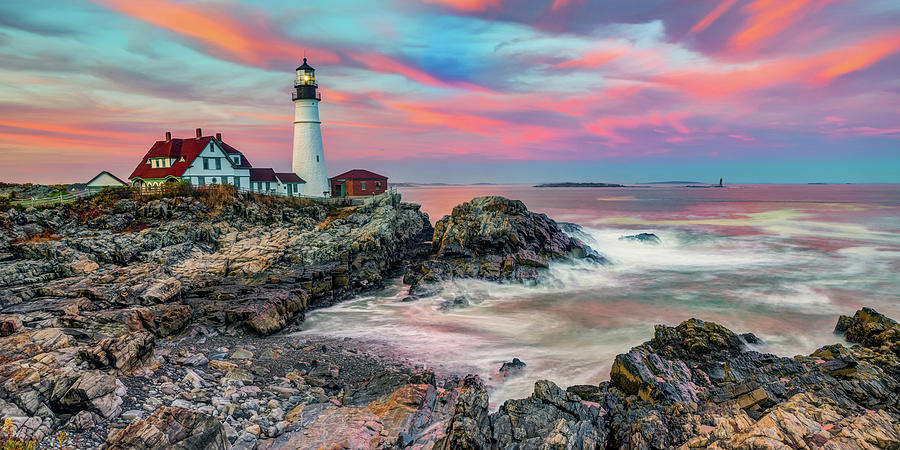Portland Head Light Panorama on Cape Elizabeth Maine at Sunset Photograph by Gregory Ballos