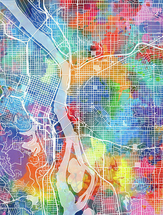 Portland Digital Art - Portland Map Watercolor by Bekim M Portland Digital Art - Portland Map Watercolor by Bekim M