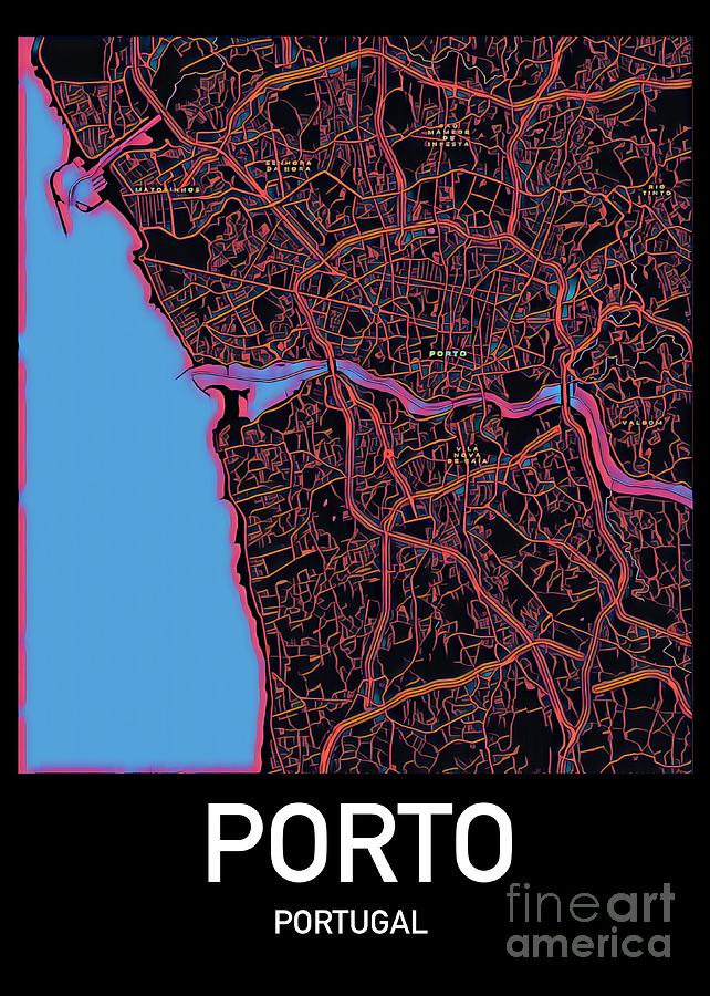 Porto City Map Digital Art by HELGE Art Gallery