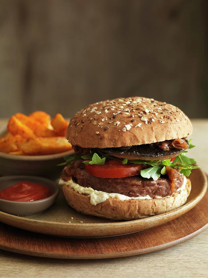 Portobello Hamburger With Chips And Ketchup Photograph by Jonathan Gregson