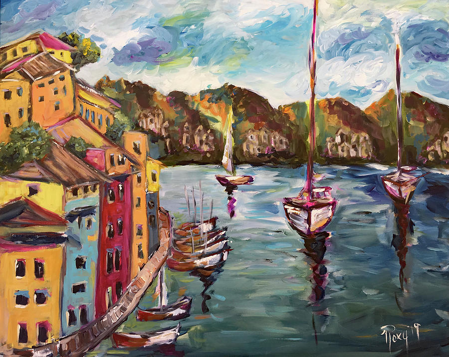 Portofino Harbor Painting by Roxy Rich