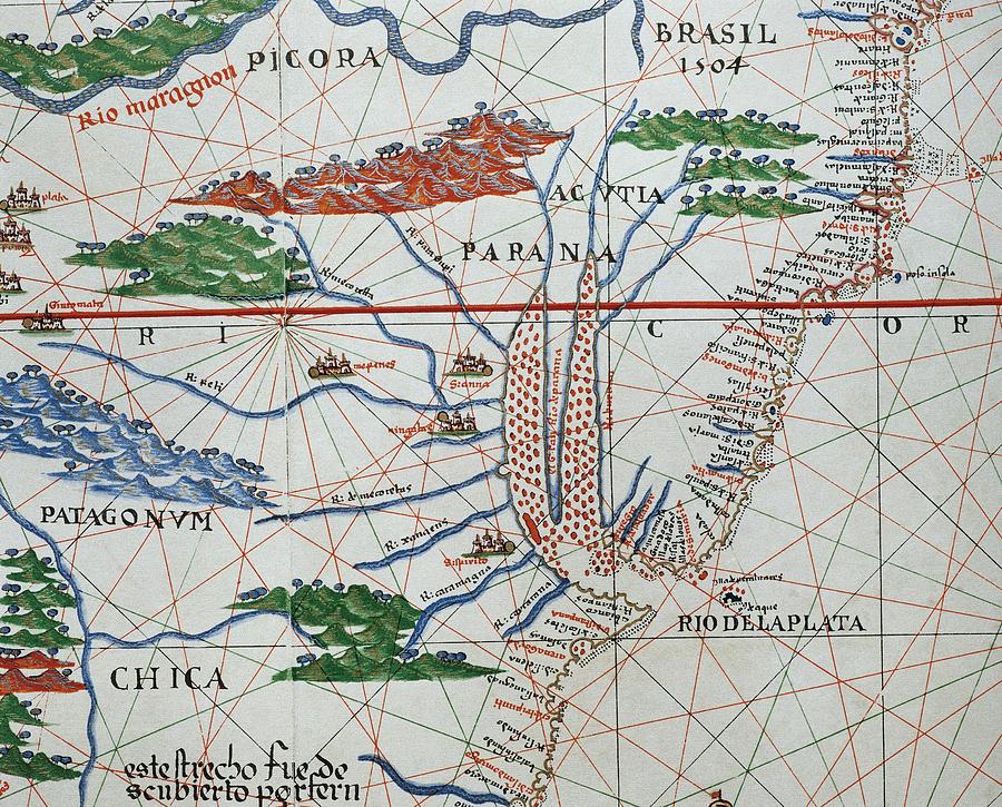 Portolan atlas of the world by Joan Martines -1556-1590-. Messina, 1587. Detail of South America. Drawing by Album
