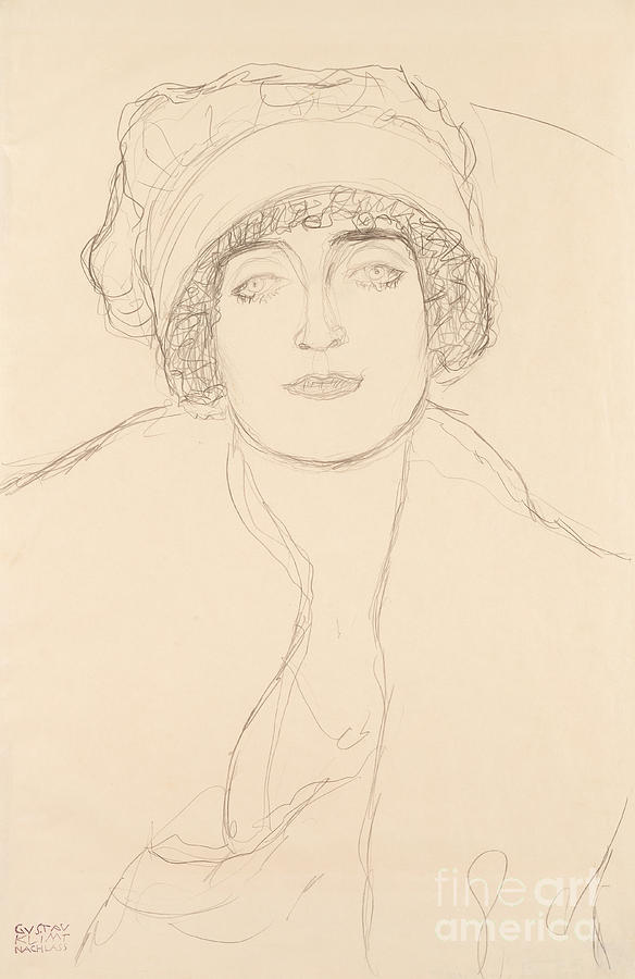 Portrait in a Hat by Klimt Drawing by Gustav Klimt