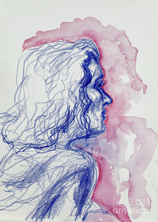 Portrait in Blue with Red Background Drawing by - Pixels