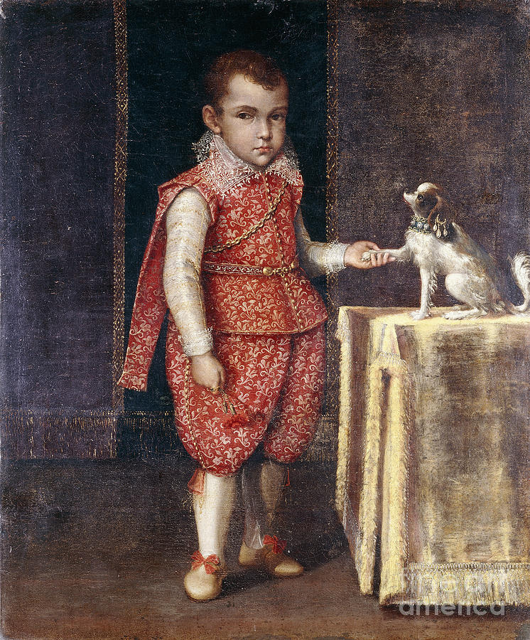 Portrait Of A Boy, Full-length, Wearing A Silver-embroidered Red Costume, Holding The Paw Of A Spaniel On A Table Painting by Lavinia Fontana