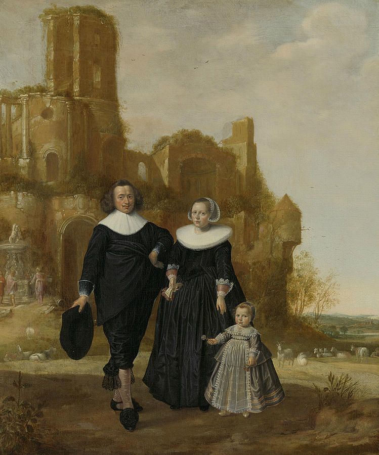 Portrait of a Couple with a Child in a Landscape Painting by Herman Doncker