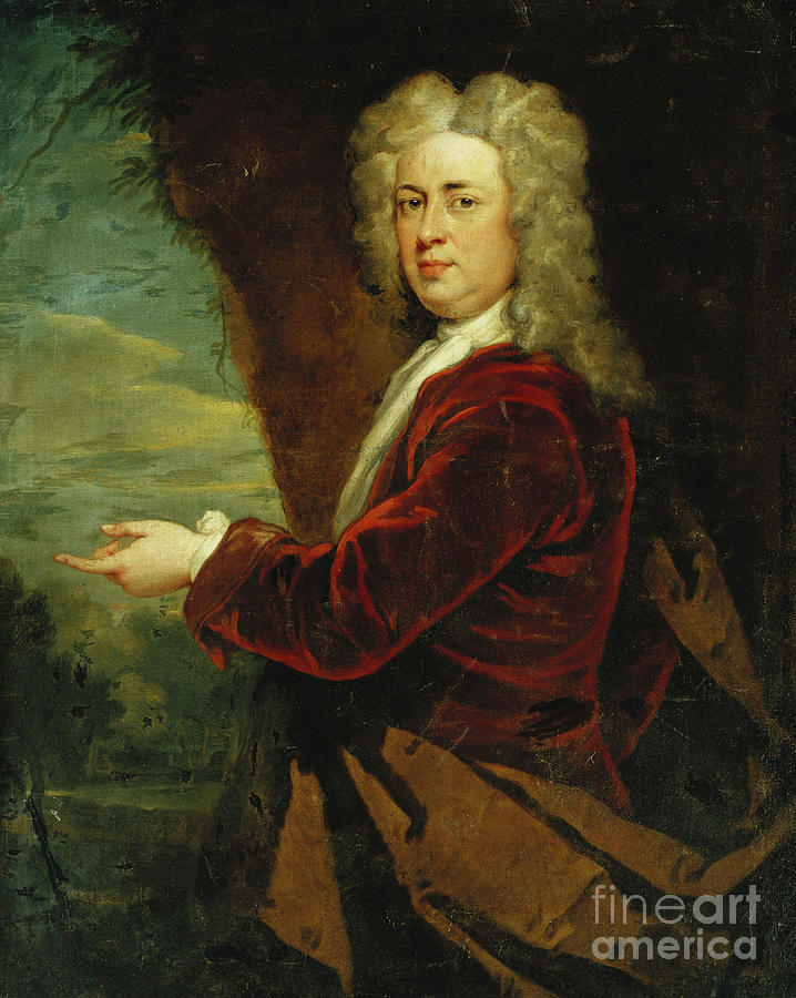 Portrait Of A Gentleman, Standing Half Length, Wearing A Red Velvet Jacket And A Brown Cloak In A Park Painting by Godfrey Kneller