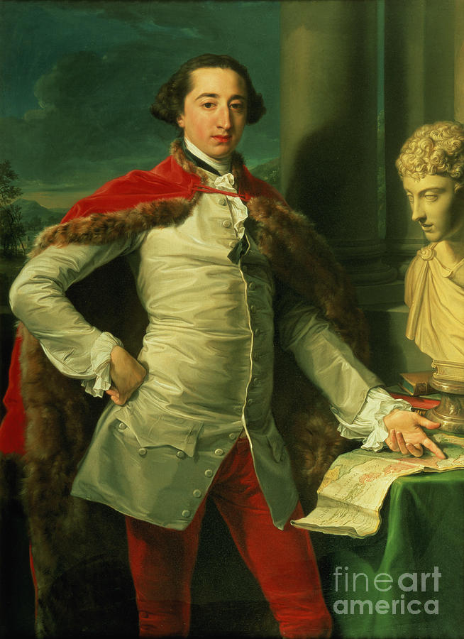 Portrait Of A Gentleman, Standing Three-quarter Length, Wearing A White Waistcoat, A Red Fur-lined Cloak And Red Breeches, Pointing To A Map On A Table, With A Bust Of Antoninus Beside Him Painting by Pompeo Girolamo Batoni